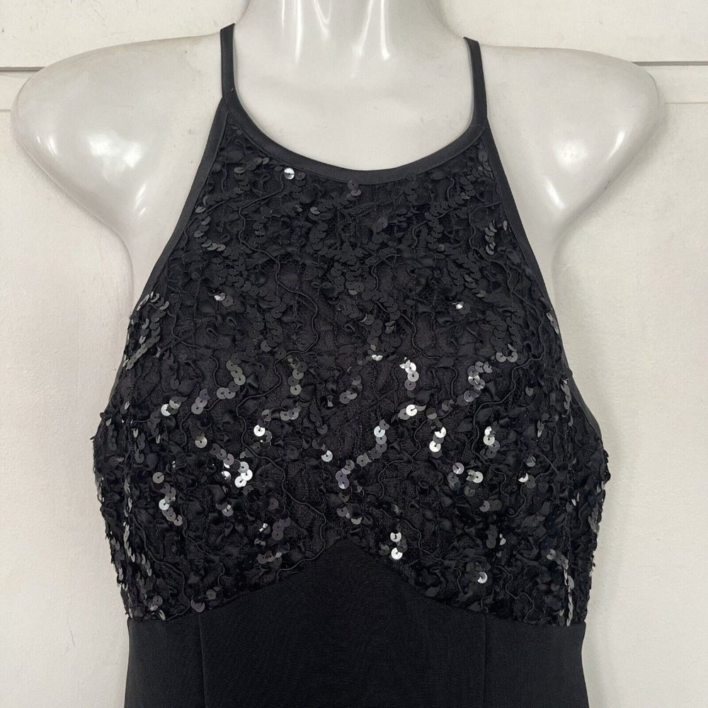 BARI & JAY Long Black Evening Dress 7/8 Sequin Sleeveless High Neck Vtg